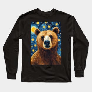 Bear Animal Portrait Painting in a Van Gogh Starry Night Art Style Long Sleeve T-Shirt